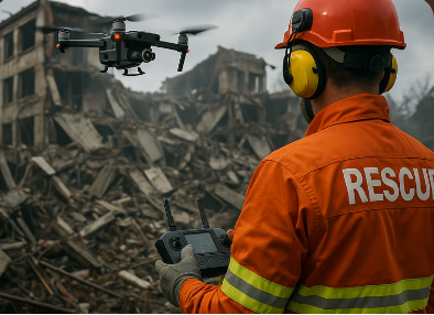 Rescue worker operating a drone at a disaster site