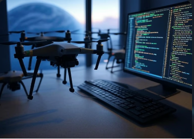Drone beside a screen of Python code
